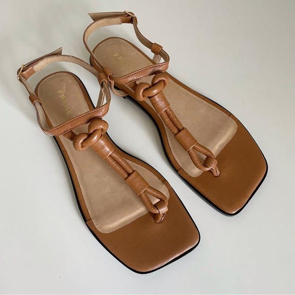 NEW FRAME Le Lunit T Strap Sandal Leather Thong Knot Square Toe Vacation - Picture 2 of 10